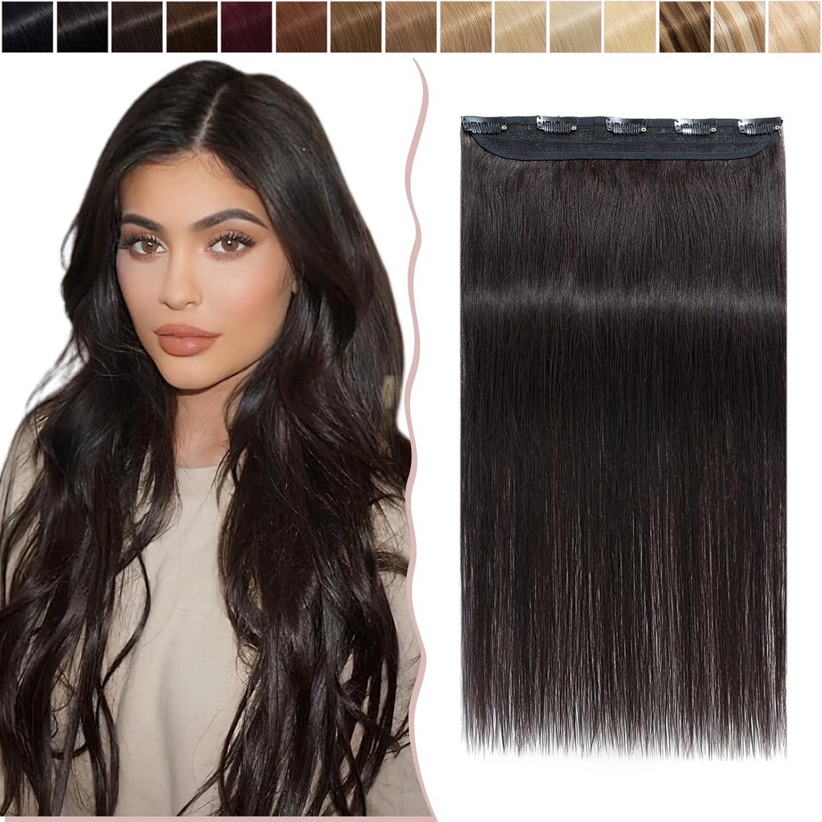 Echte Haarverlenging Clip-in Remy Haarstuk 100% Menselijk Glad Natuurzwart 45cm