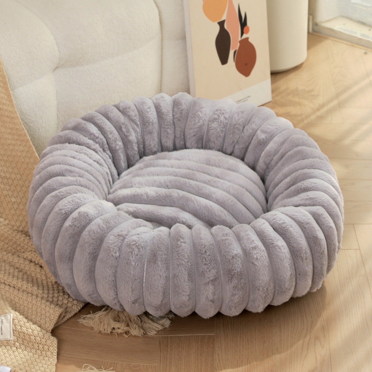 Luxe Fluffy Hondenmand & Kattenmand – Donut Pompoen Stijl – 60 cm – Orthopedisch & Rustgevend – Grijs – Met Anti-slip