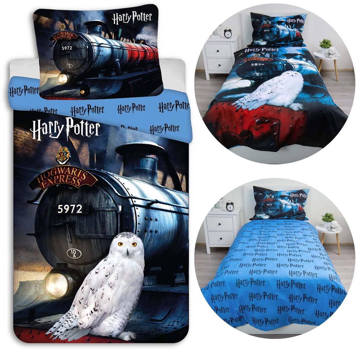 Harry Potter Hedwig Blauw, dubbelzijdig, beddengoed voor jongeren met ritssluiting, 100% katoen 140x200+70x90cm OEKO-TEX