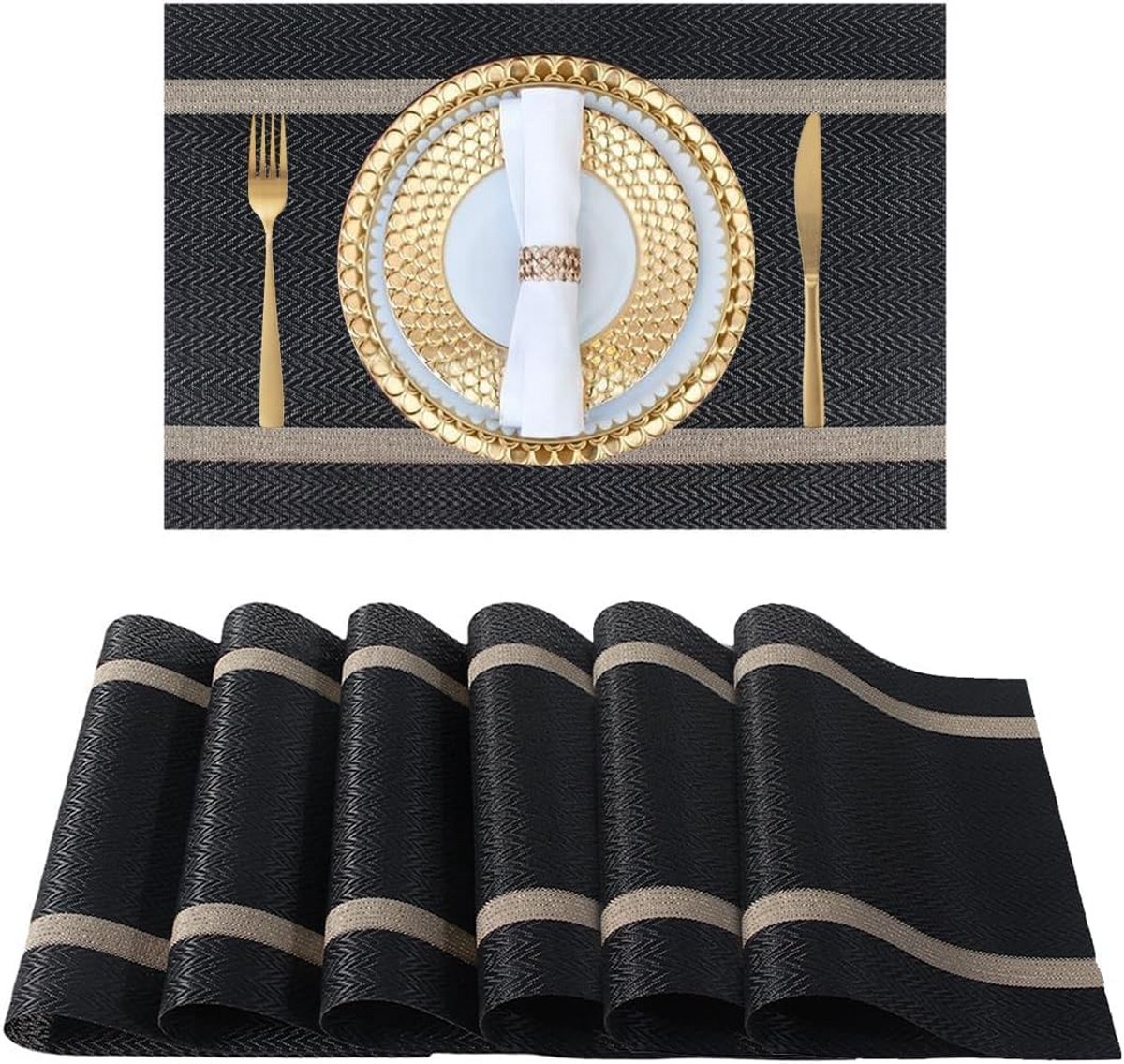 Set van 4 Zwarte Vinyl Placemats - Afveegbare en Hittebestendige Tafelmatten (30x45 cm)