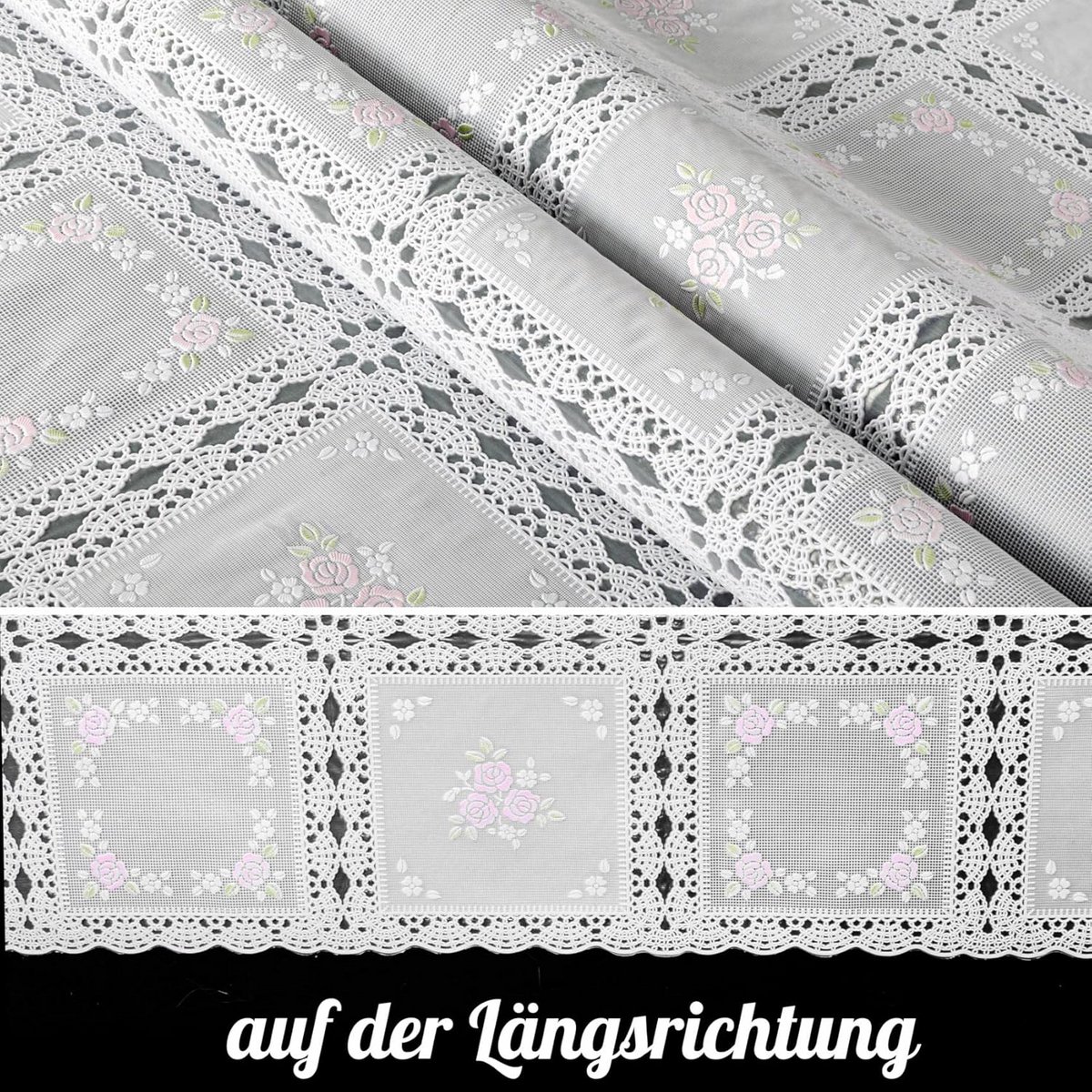 Waterbestendig Vinyl Tafelkleed met Gehaakte Kant Look Bloemen Geruit Roze Wit