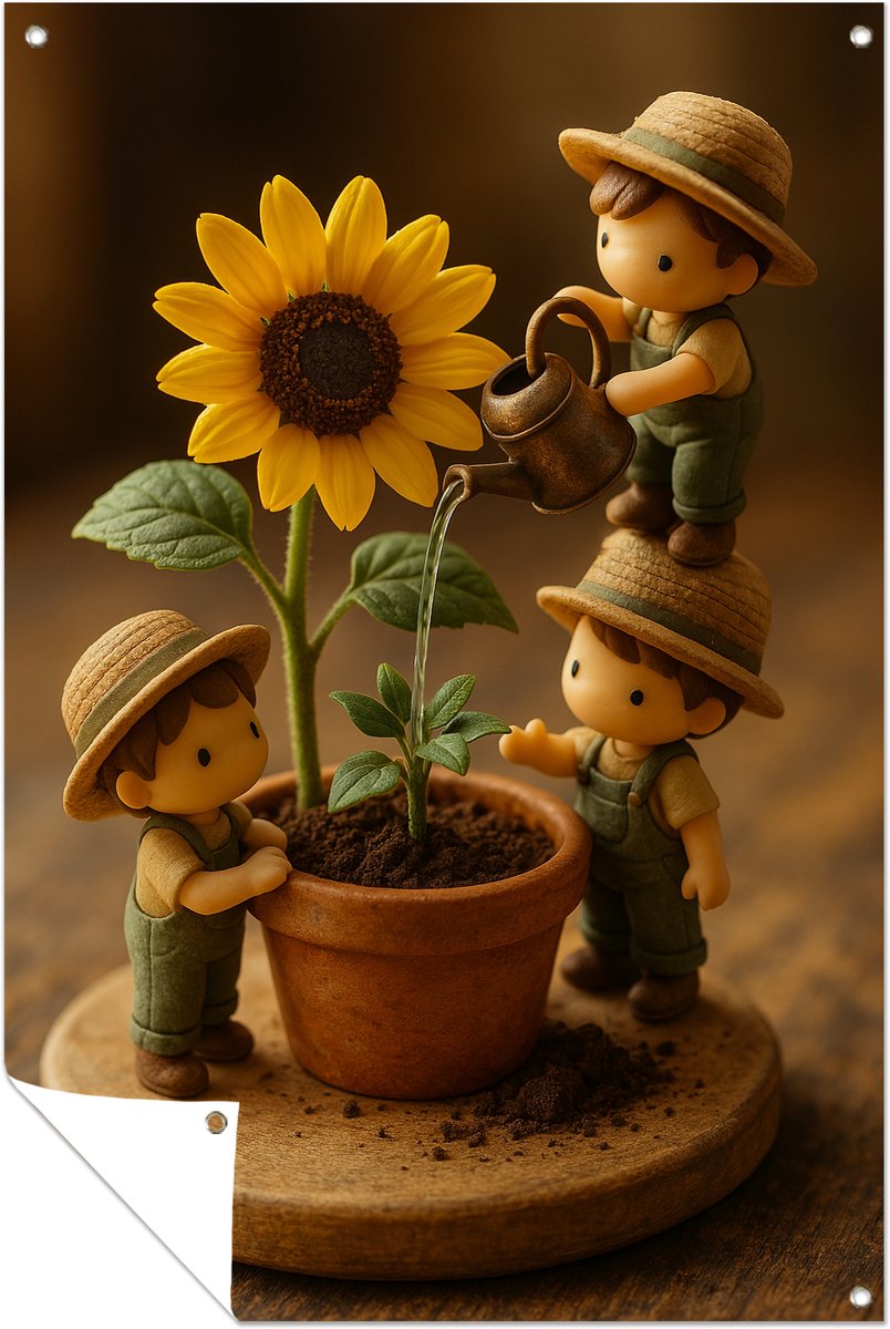 Zonnebloem en gieter – wanddecoratie buiten – Tuinposter – 70x105 cm