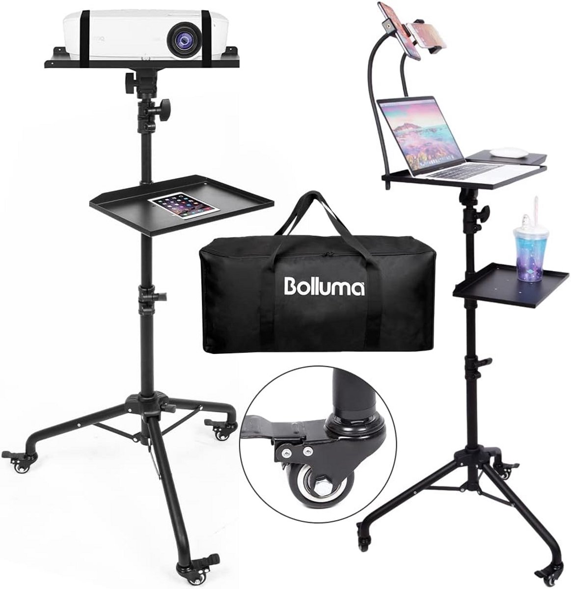 In hoogte Verstelbare Projector en Laptop Statief met Wielen en Telefoonhouder