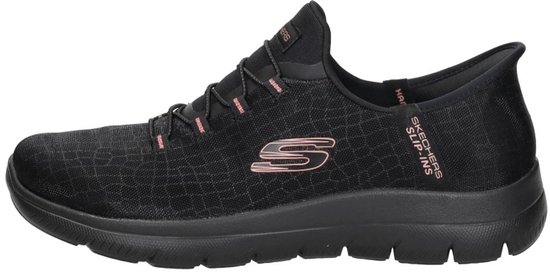 Zwarte Skechers Slip-Ins damesinstapper met roze accenten en een S-logo.