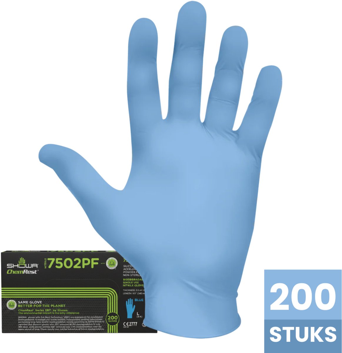 SHOWA 7502PF Nitril Wegwerp Handschoenen - 200 Stuks - Werkhandschoenen - Poedervrij & Latexvrij - Biologisch Afbreekbaar - Maat L