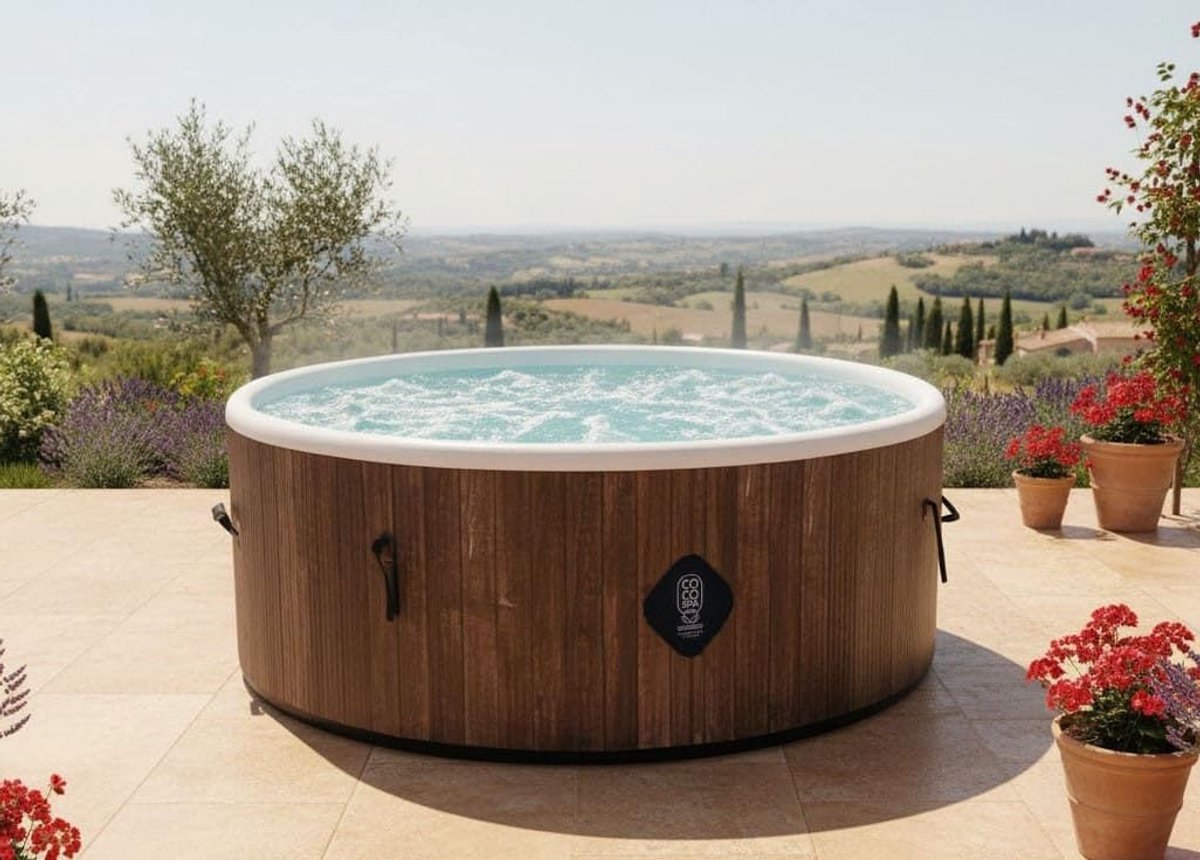 Luxueuze Opblaasbare Jacuzzi Bellaverowonen | 180 cm Rond | 1100 Liter | 6-Persoons Spa | 2040W Verwarming | 140 Massagejets | Scandinavisch Houtlook | Wellness Thuis