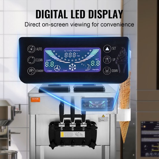 VEVOR Commerciële Ijsmachine 18-28L/u 3 Smaken Italiaanse Ijsmachine 2 x 5.5L Trechter LCD-paneel Automatische Voorkoeling Reiniging voor Yoghurt Koffie Snackbar Restaurant van Merkloos — afbeelding 3