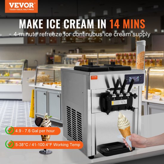 VEVOR Commerciële Ijsmachine 18-28L/u 3 Smaken Italiaanse Ijsmachine 2 x 5.5L Trechter LCD-paneel Automatische Voorkoeling Reiniging voor Yoghurt Koffie Snackbar Restaurant van Merkloos — afbeelding 5