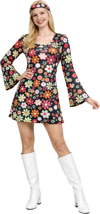 Joya Party® Hippie Verkleedjurk Dames Zwart met Bloemen print | Jaren 60/70 Flower Power Kostuum | Inclusief Haarband | Verkleedkleding Bloemen Volwassenen | Stretch Stof | Carnaval / Themafeest | Maat M
