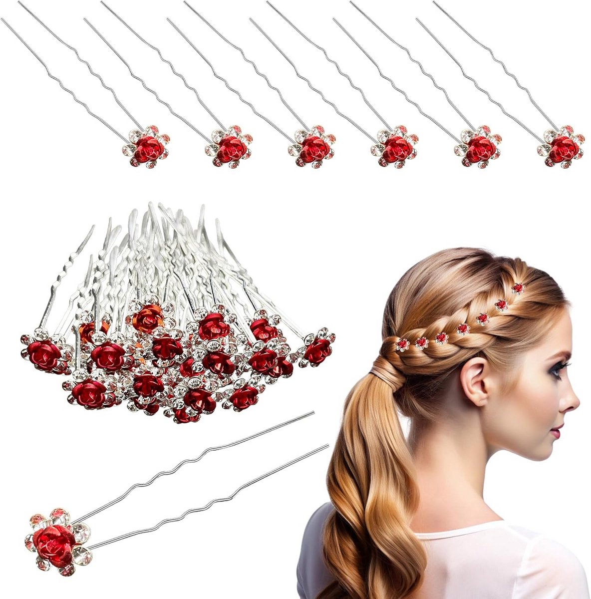 10x Rode Haarspeldjes met Kristallen Rozenbloesem - Bruiloft & Feestelijk Haaraccessoire