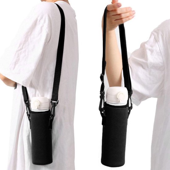 Drinkflessentas - waterfles tas - verstelbare schouderriem - neopreen - thermosfles - 1500 ml - koeltas - flessenhouder - op te hangen - hoes - geschikt voor 1.5 liter fles - zwart. — afbeelding 2