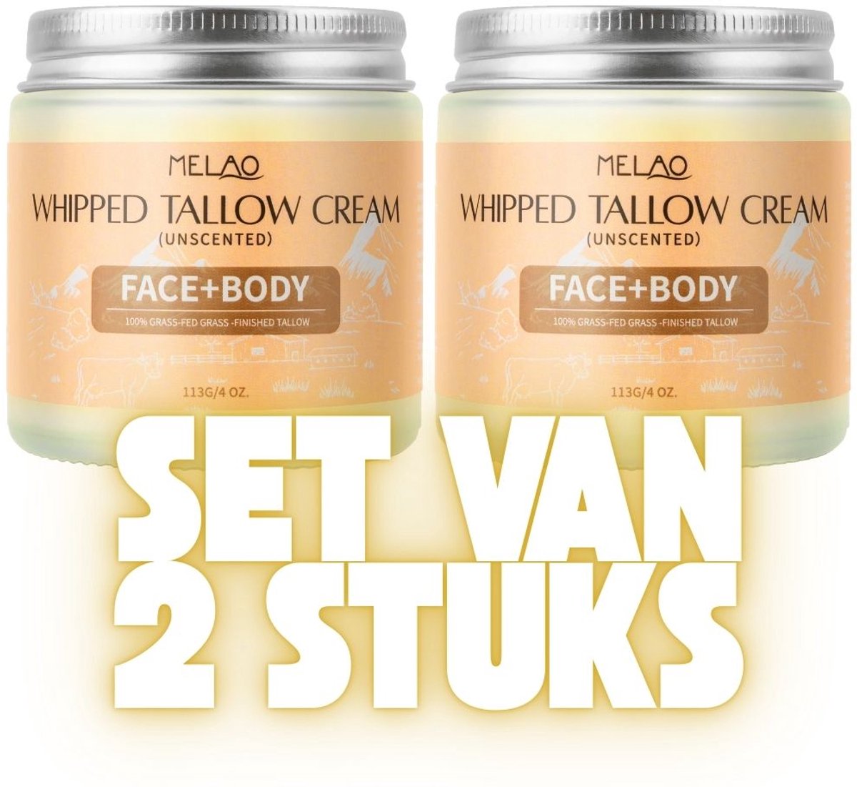 Tallow Creme - Voor Body & Face – Duopack - Geurloos – 113 g – Opgeklopt - Zonder Parfum – Dag en Nacht Creme - Bevat 2 Stuks - Grasgevoerde Tallow