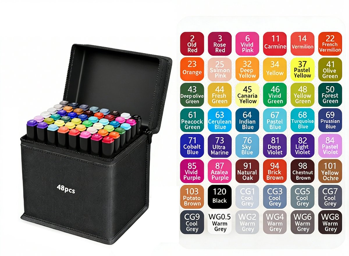 Kraftverdia 48 Kleuren Dubbelzijdige Markers – Superheldere Tekenmarkers voor Kinderen & Volwassenen – Inclusief Handige Opbergdoos – Perfect voor Kleurplaten, Schilderen en Creatief Tekenen