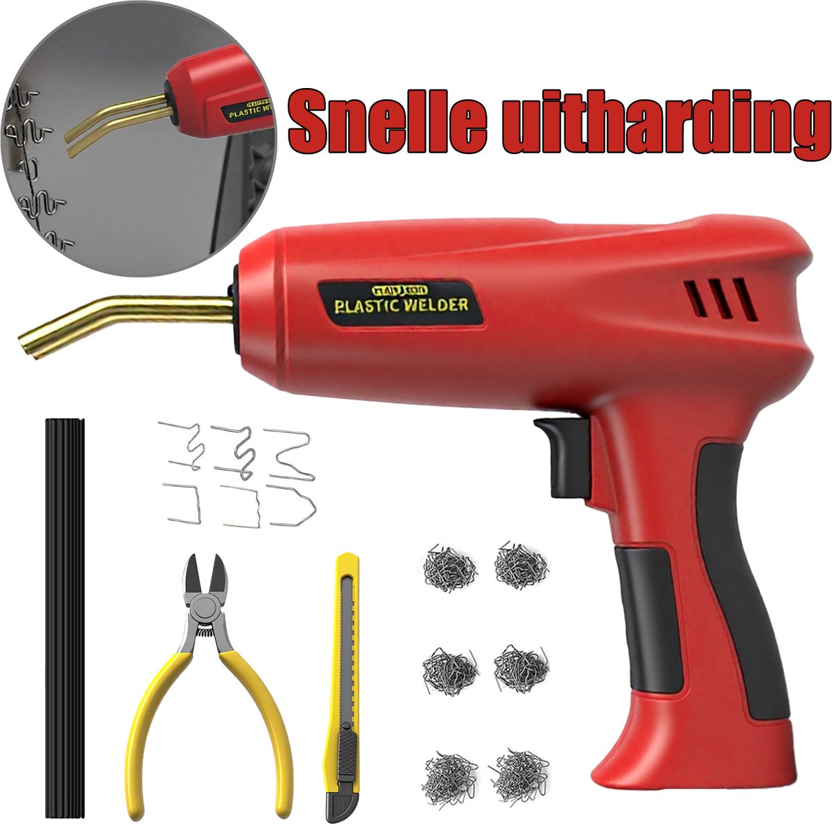 150W Kunststof Lasmachine Autobumper Reparatie Kit, 800 stuks Hete Nietjes Laskit Reparatiemachine, Kunststof Lasapparatuur Hete Nietpistool voor Auto-onderdelen/Kajak/Kano, Tang, Vlakke/Buiten-Binnenhoek/Golfnietjes