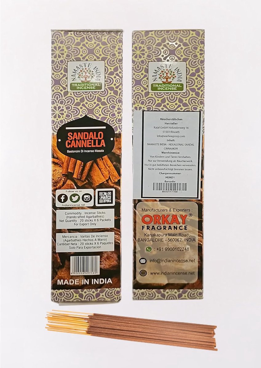 Namaste India Sandalwood & Cinnamon Wierookstokjes - 120 Stuks (6 x 20) - Premium Kwaliteit voor Yoga, Meditatie & Ontspanning - Sandelhout en Kaneel - Huis, Kantoor & Healing met Kajal Sticker