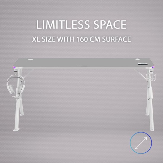 Ergonomische RGB Gaming Desk XL met Headset- en Bekerhouder, Wit — afbeelding 4