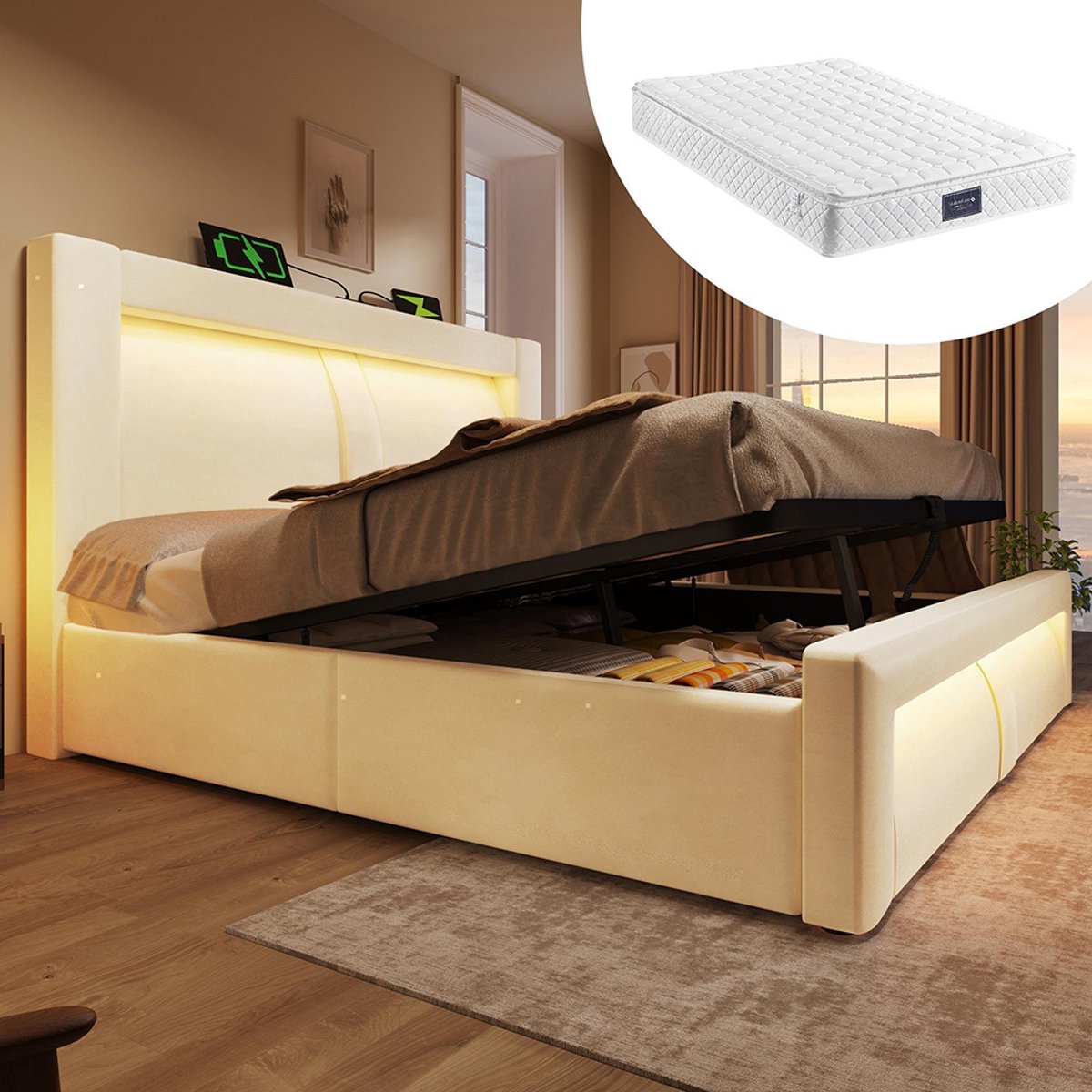 KOMHTOM BLACKCOLORS Tweepersoonsbed 160 x 200 cm met opbergruimte, hydraulisch bed, ledverlichting met bediening via app, USB- en Type-C-oplaadpoorten, fluweel, gebogen hoofdeinde, beige, met matras