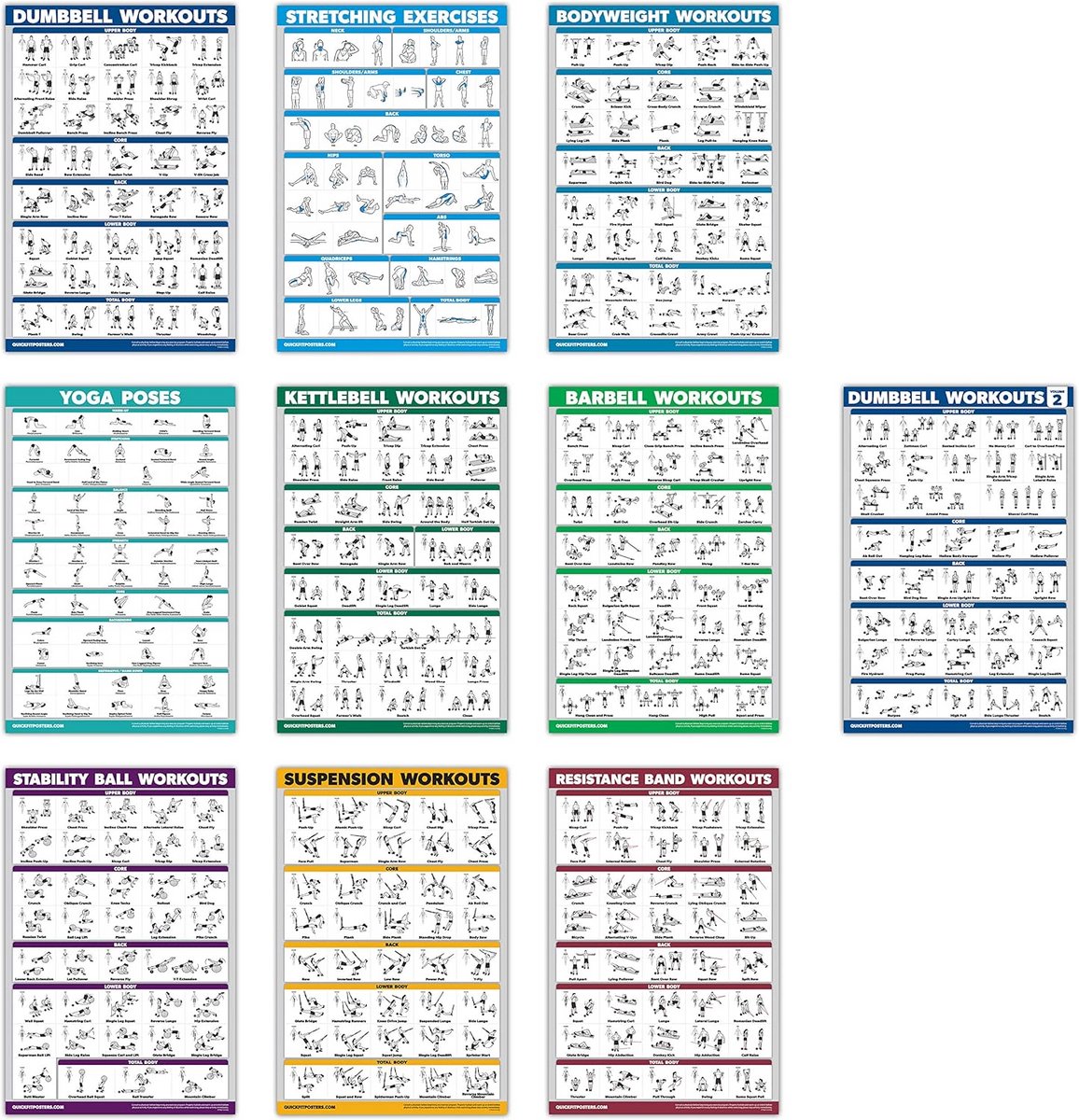 Oefeningen Workout Posters - Trainingsschema's Wandkaarten - Thuis Sporten - Set van 10 - 45x68 cm - Meerdere kleuren