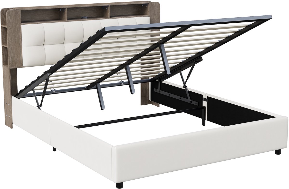 SHOPENTRA Opbergbed 160x200 cm - Beige fluwelen tweepersoonsbed thumbnail 4
