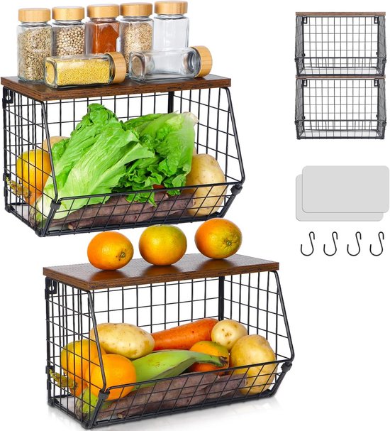Felenny Fruitmand hangend, 2 stuks, stapelbare metalen hangende fruitmand voor keuken met houten deksel, wandmonteerbaar, fruitschaal voor het bewaren van groenten en fruit, zwart