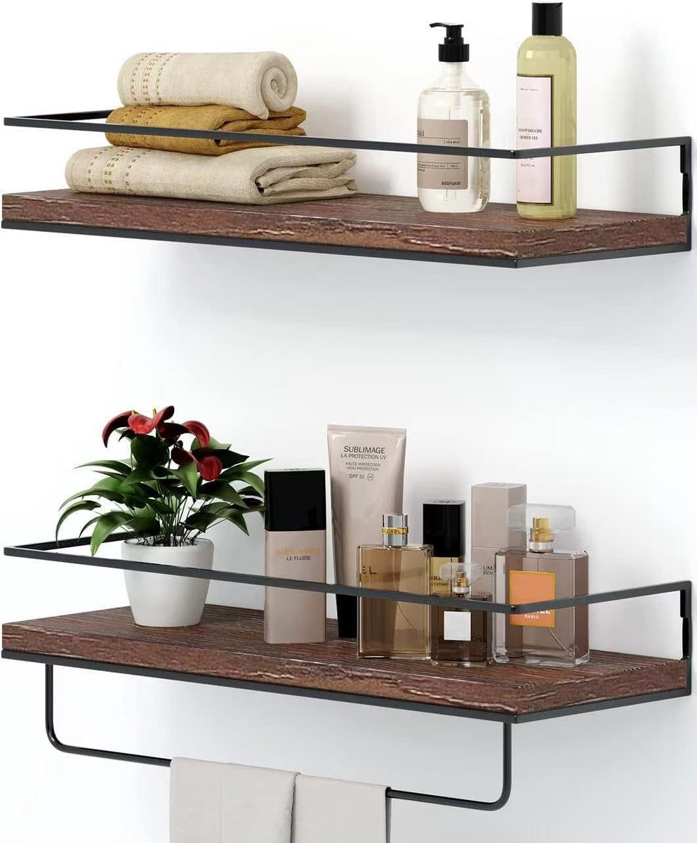 Set van 2 Rustieke Houten Zwevende Planken met Handdoekenrek - Wandplanken voor Badkamer e