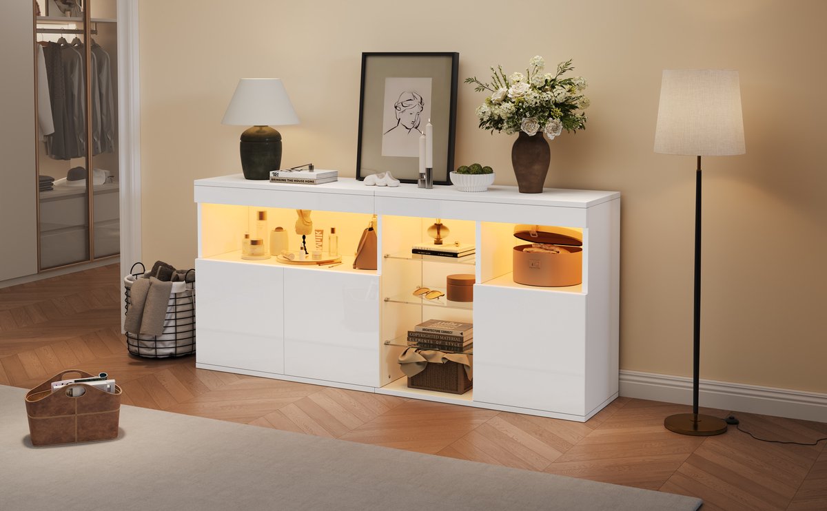 Witte Woonkamer Kast met LED Verlichting - App Gestuurd - Hoge Glans - 3 Deuren en 3 Glazen Planken - 155.5 cm Breed - Ziuffet Opbergkast