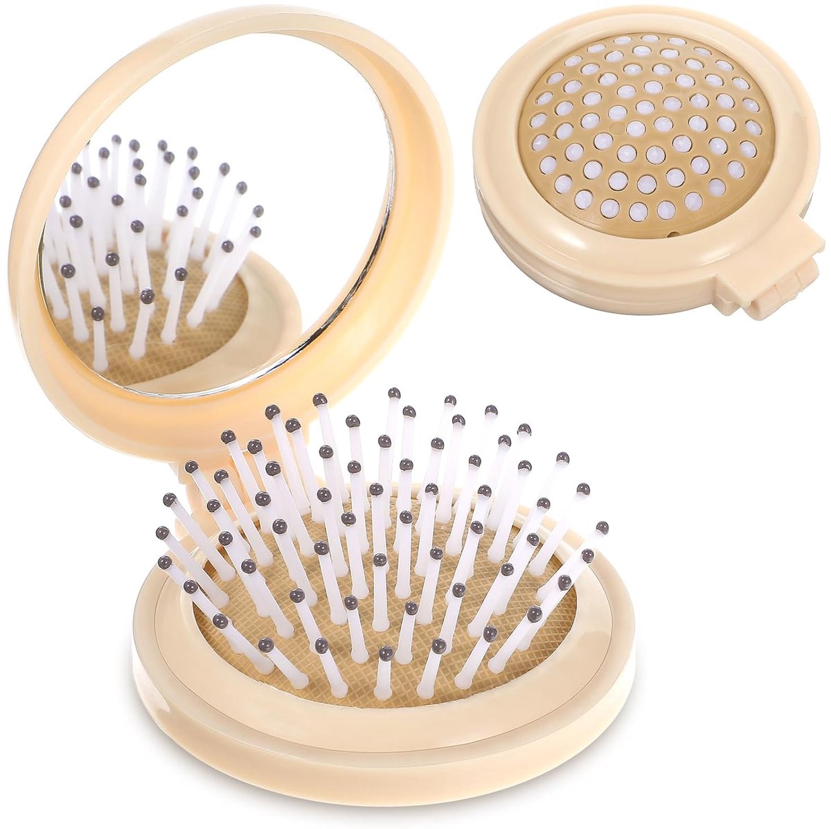 Draagbare reiskam – Haarkam - ronde massagekam – kam en spiegelkam in één – beige - ABS