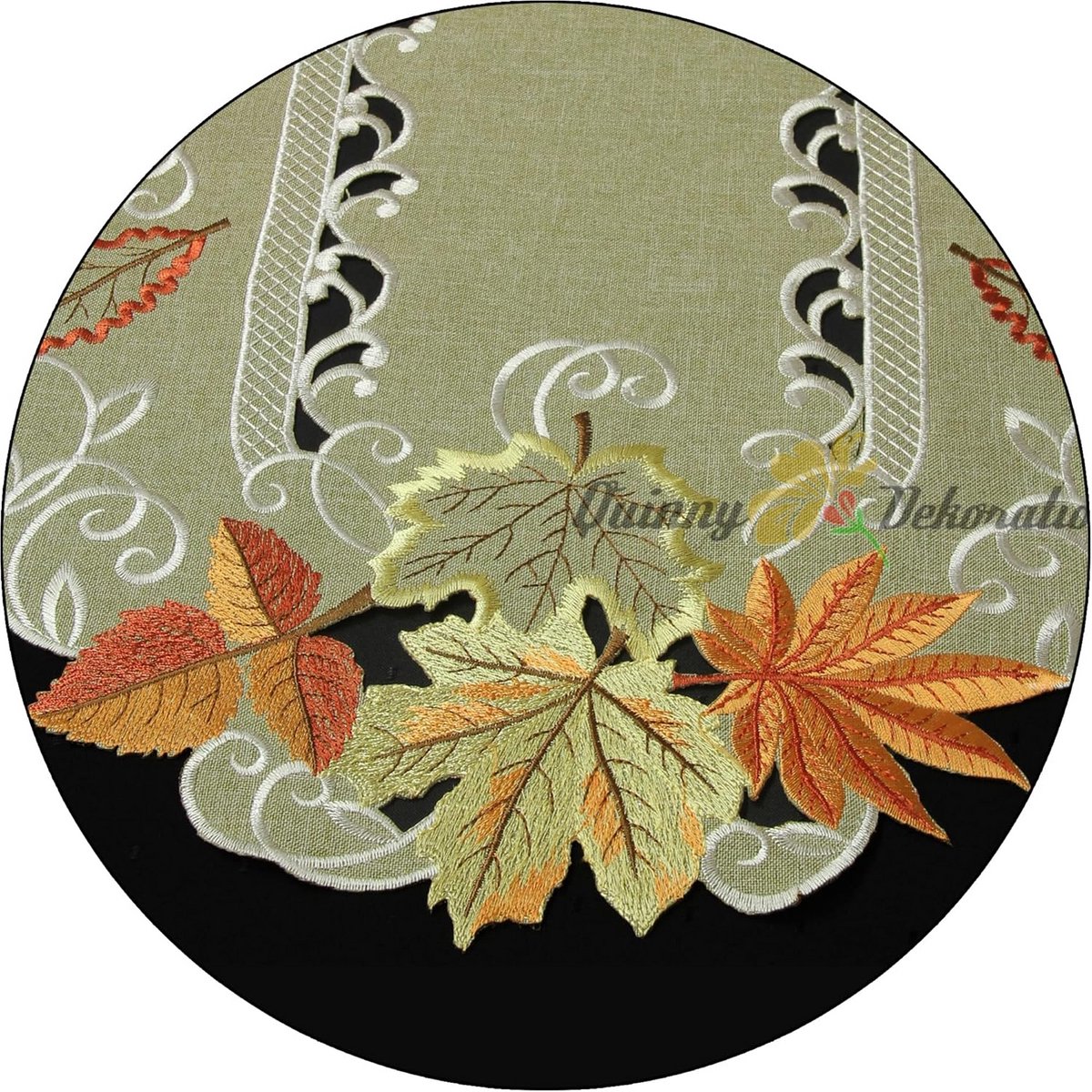 Tafelloper en Kussensloop met Herfstbladeren in Groen en Beige