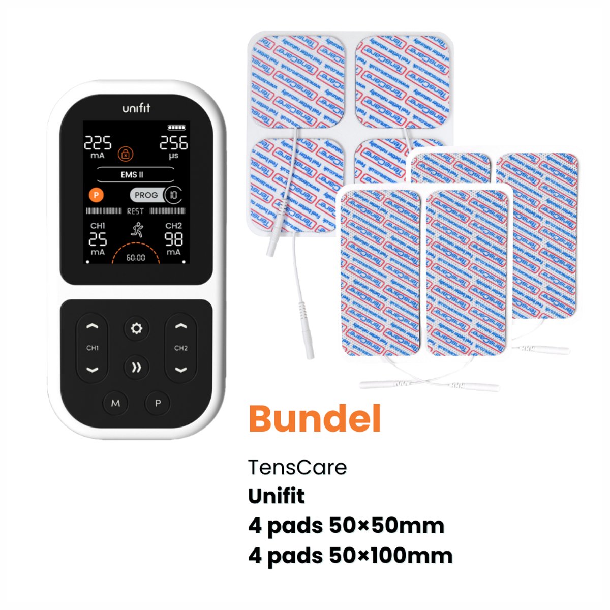 TensCare – Unifit bundel + 4 pads 50×50mm (1 set) + 4 pads 50×100mm (1 set) - Dubbelkanaals TENS Apparaat en EMS Spierstimulator – Pijnverlichting - Elektrodentherapie - Spierstimulator - Pijntherapie
