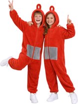 Twee lachende kinderen in koraalrode onesies met capuchon en grijze patches.