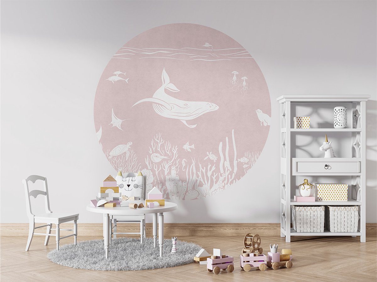 Muurcirkel - Kinderkamer - Decoratie rond - muurdecoratie - ø 100 cm - Onderwaterwereld - Roze - Monochrome Sea Pink