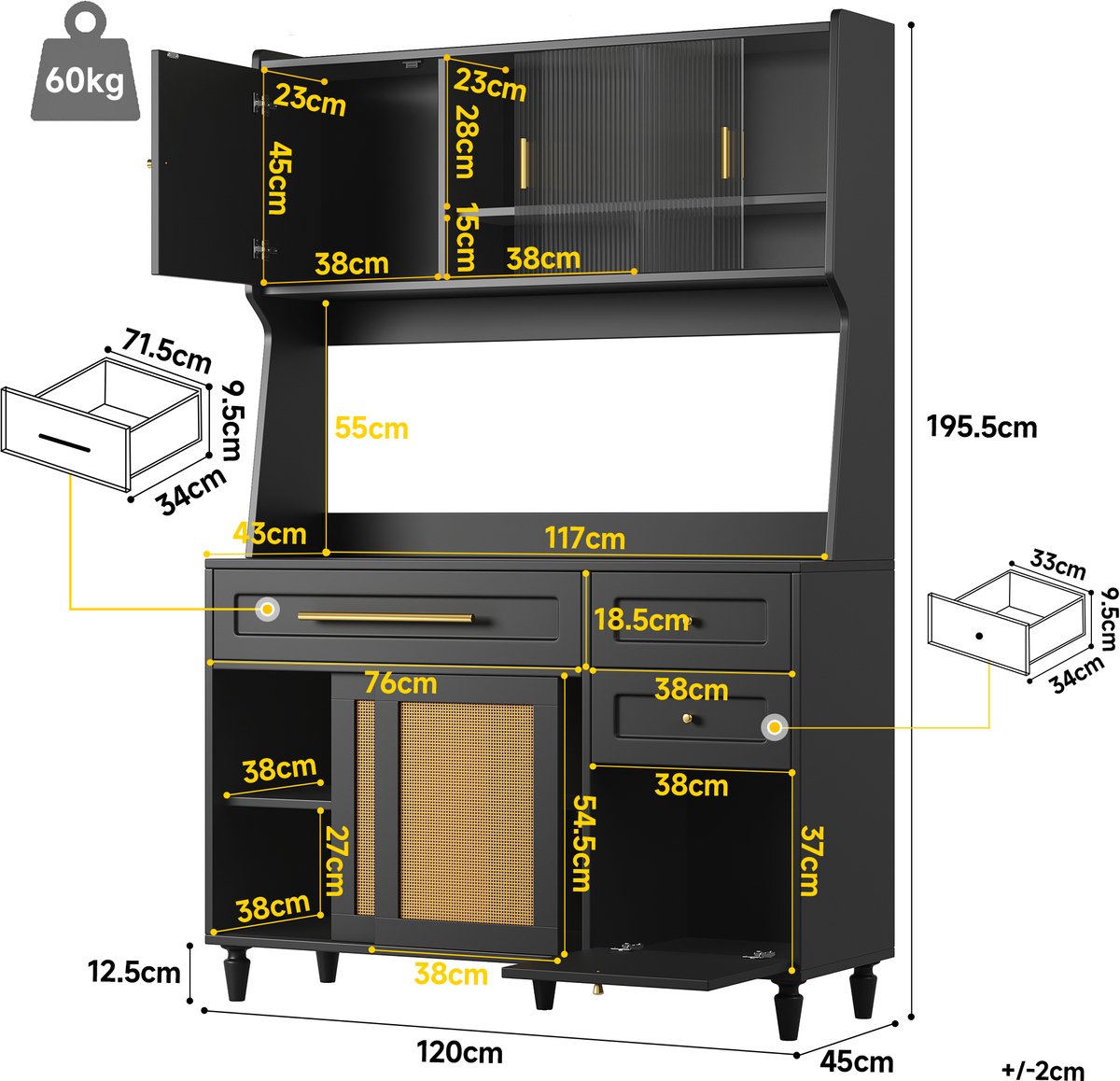 Keukenkast, hoge kast, vitrinekast, buffetkast met verstelbare planken, eetkamerkast met 3 lades, dressoir met ledverlichting, PE-rotan, zwart