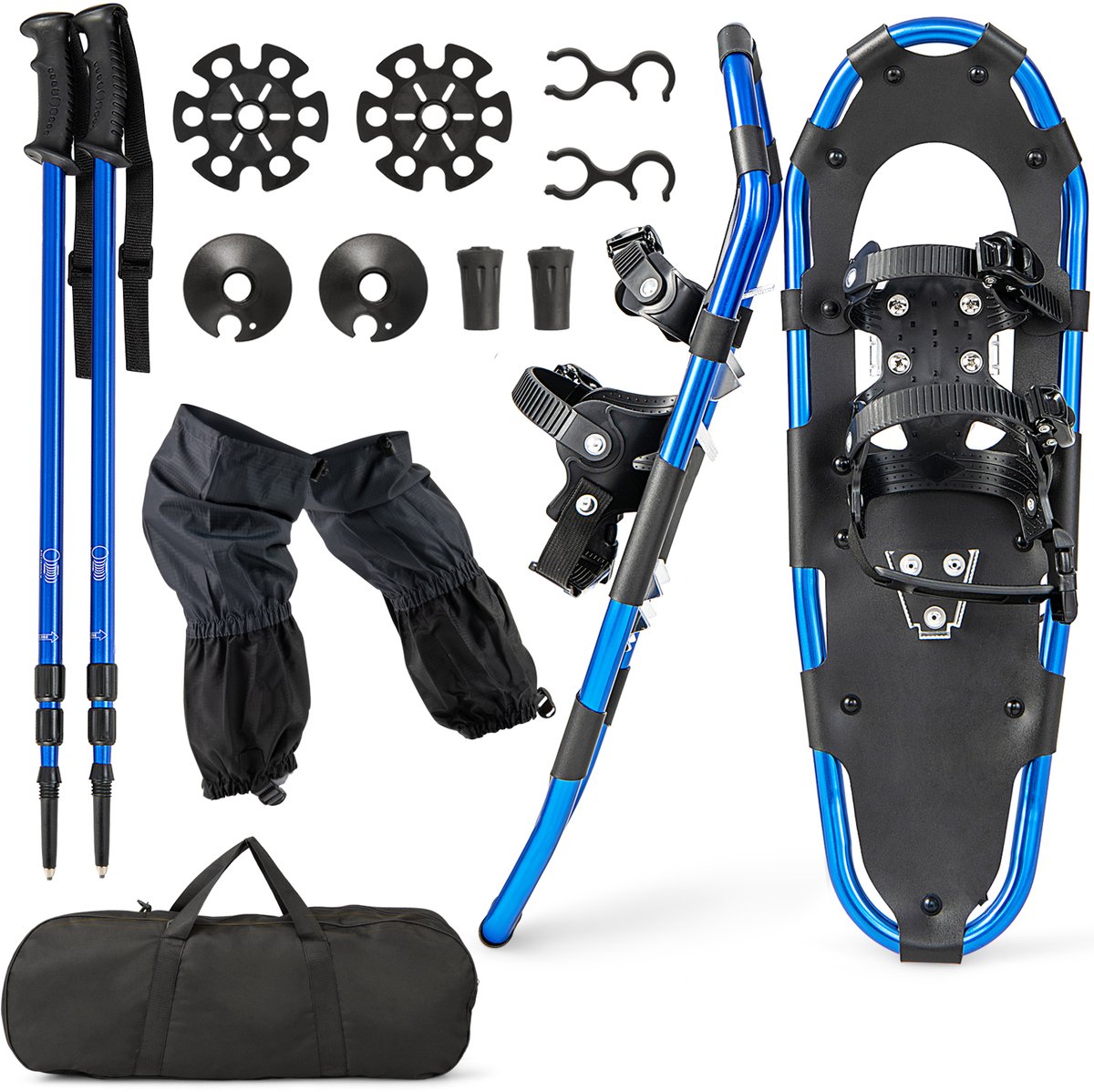 COSTWAY 4-in-1 sneeuwschoenenset, schoenmaat 38-45, sneeuwschoenen met dubbel ratelbindsysteem, aluminium frame, trekkingstokken en draagtas, beenkappen, voor heren en dames