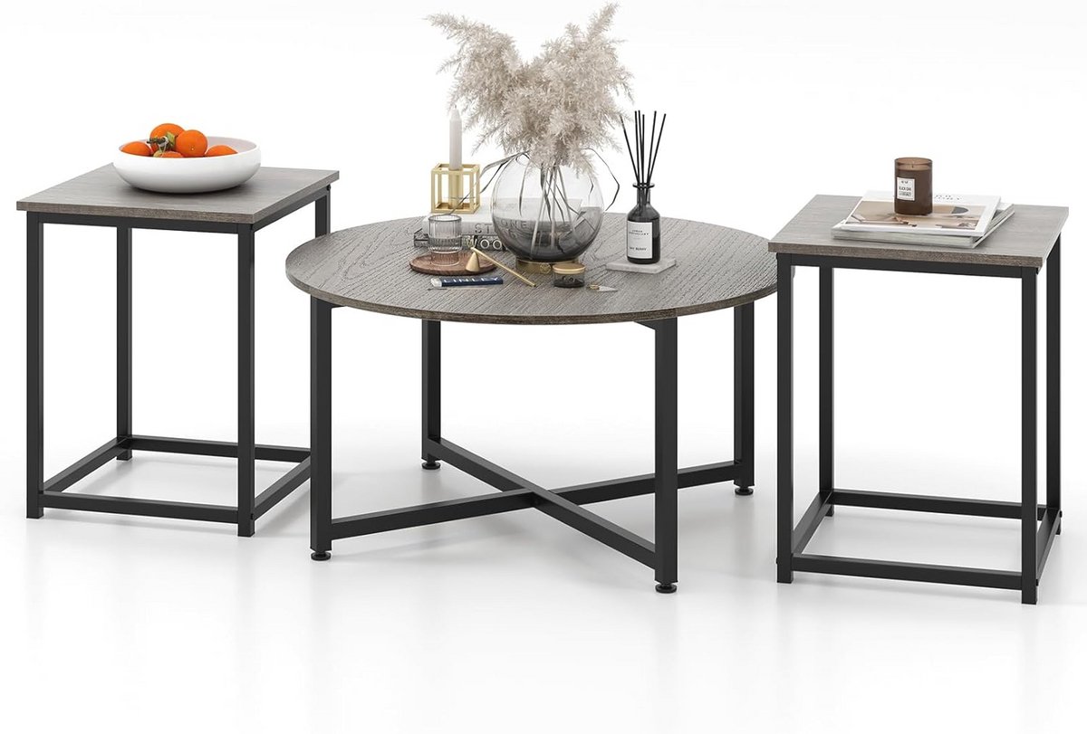 Set van 3 moderne salontafels met ijzeren frame en verstelbare poten