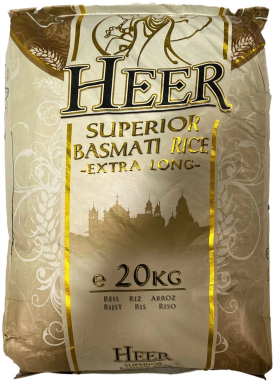 Sac de 20 kg de riz Basmati Supérieur Heer - Extra Long. Impression dorée avec image de bâtiments et d'épis de blé.