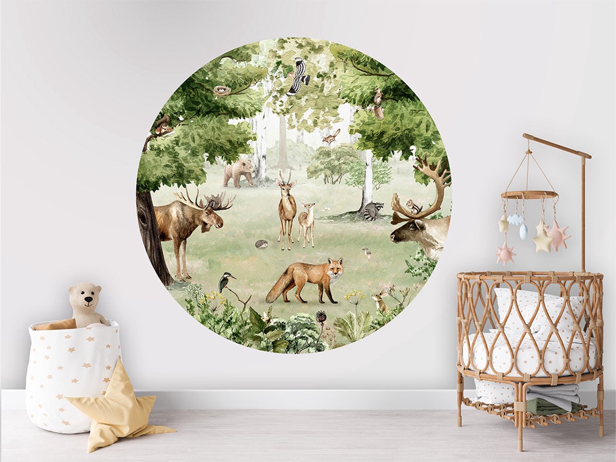 Muurcirkel - Kinderkamer - Ronde wanddecoratie - ø 80 cm - Bosdieren - Woodland Wonders