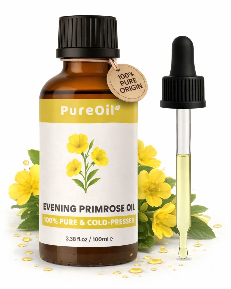 PureOil - Teunisbloemolie - 100ml - Etherische Olie - Voor Haar | Huid | Gezicht | Scalp | Nagels - Voor droge, gevoelige huid en Acne - Haarolie - 100% Puur, Natuurlijk & Vegan