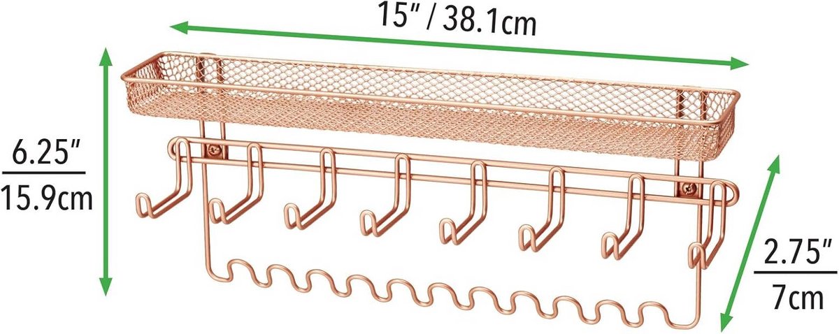 mDesign - Jewellery organiser - jewellery rack/storage space for jewellery - wall model/with 19 hooks and storage basket/strong metal - rose gold — cadeau in Sieraden - foto 6