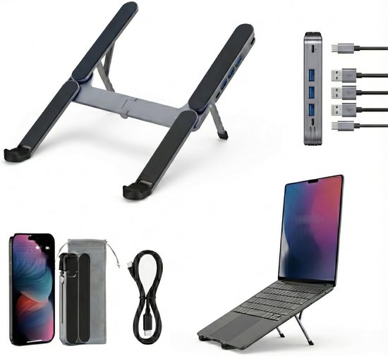 Ultra Compacte Laptopstandaard met 4-Poorts USB Hub - Bol