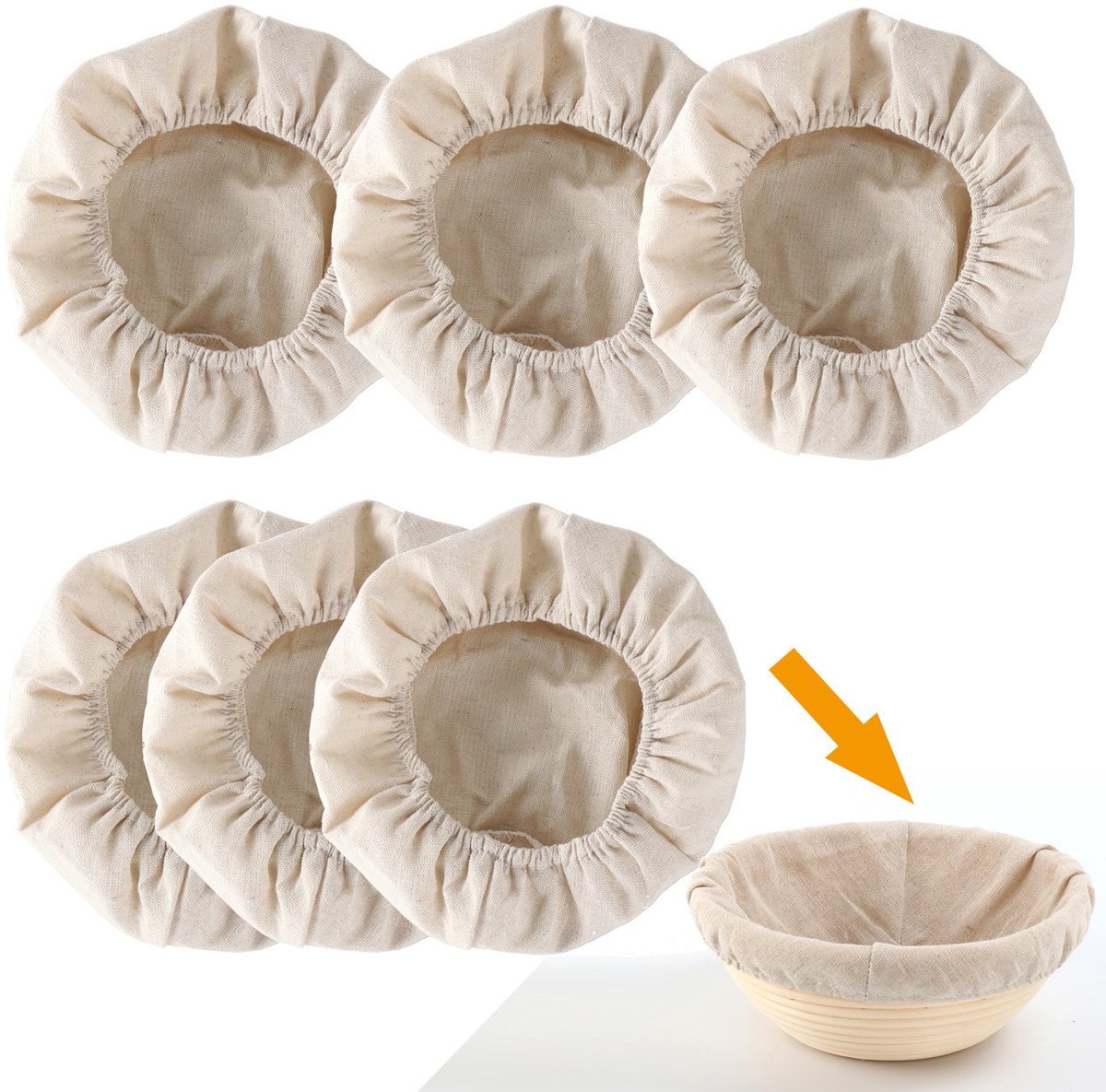Deze zesdelige set linnen broodbakmatten bestaat uit ronde matten met een diameter van 25 cm en een stoffen oppervlak.