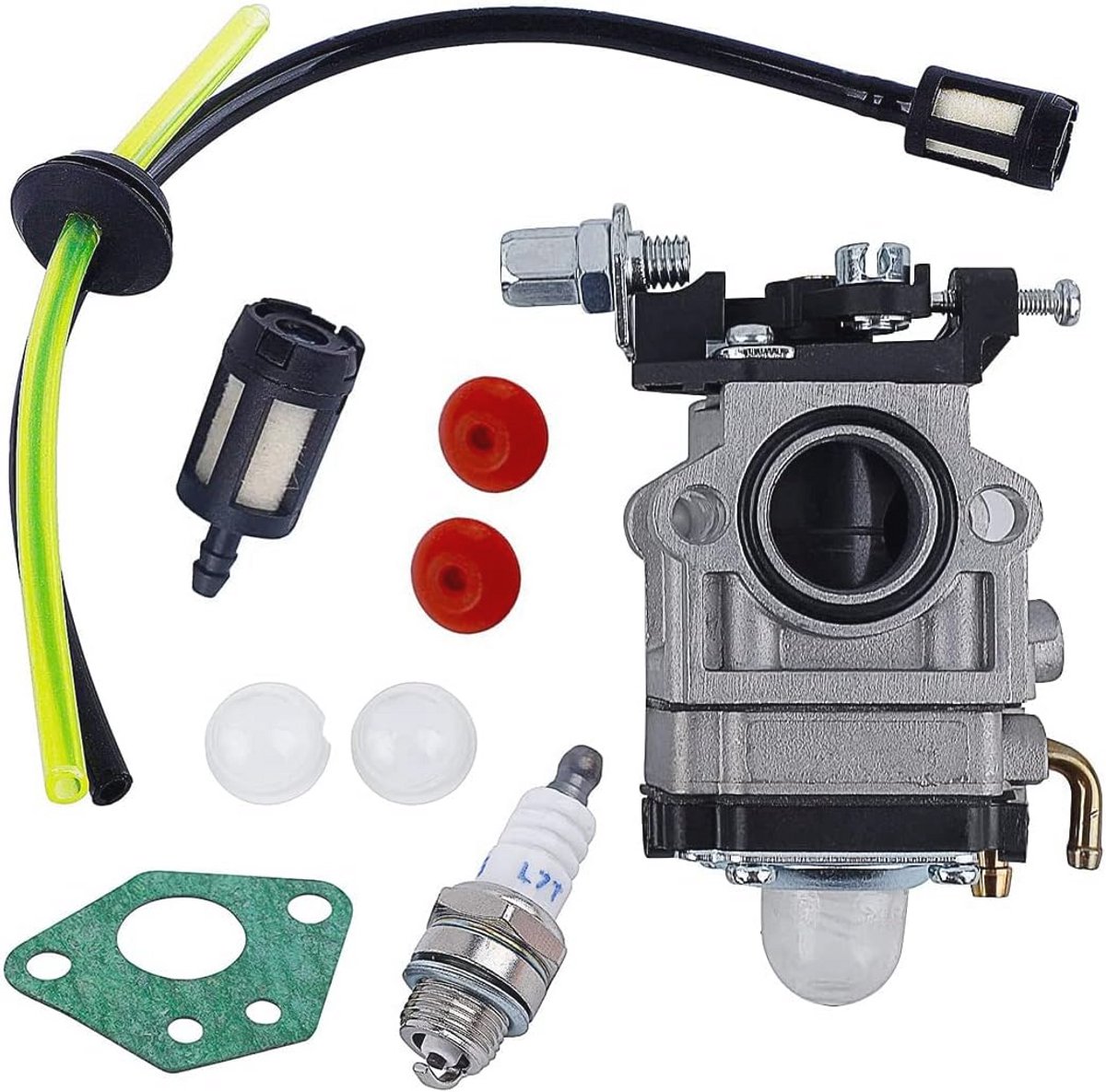 Carburateur set voor grasmaaier 52cc, 49cc, 43cc - inclusief afdichting, slang, bougie en brandstoffilter