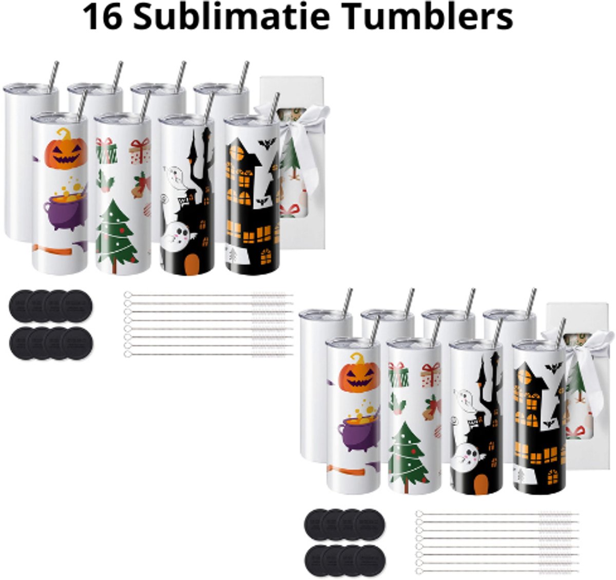 LabelOne Sublimatie Producten - Tumbler - 16 stuks - 20oz - met deksel en rietje - rvs - dubbelwandig - geschikt voor hittepers