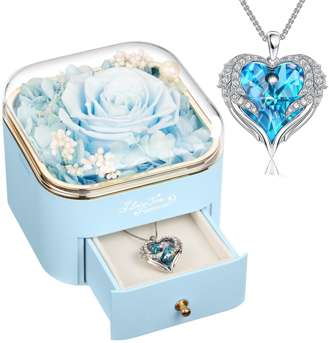 Namajunas - Roses of Eternity - Bewaarde Roos met Engelenvleugels Ketting in Sierradendoos - Luxe Geschenkdoos – Romantisch Juwelendoos Cadeau voor Vrouw, Vriendin of Moeder – Kerstcadeau, Valentijn, Verjaardag, Jubileum & Moederdag