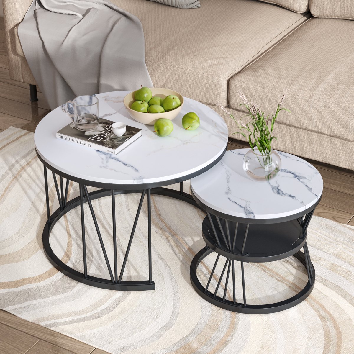 Nesttafels Set van 2 – Ronde Salontafel & Bijzettafel – Marmerlook Tafelblad – Met Metalen Frame en Opbergruimte – Modern Design