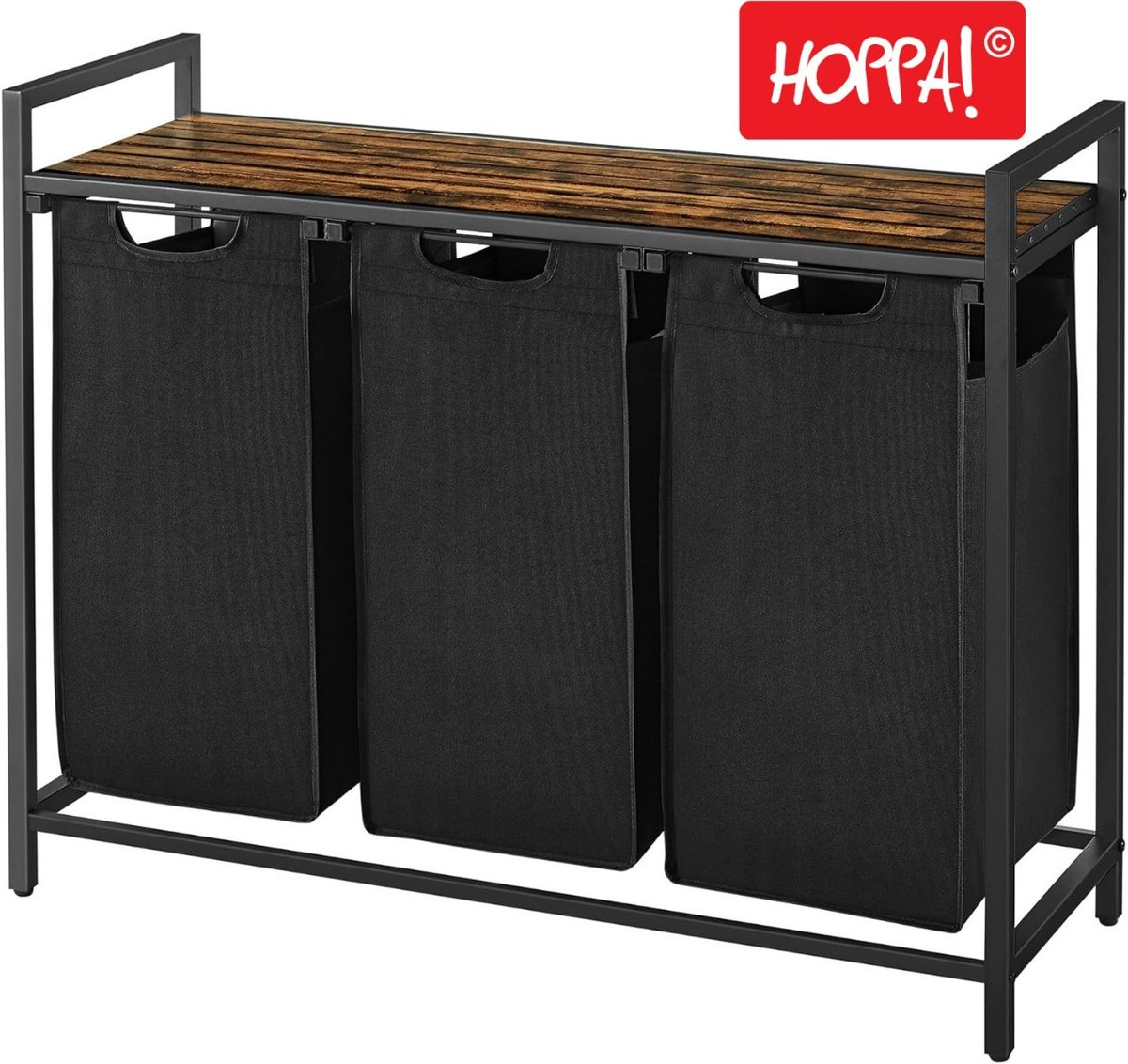 Hoppa! Wasmand - 3 Vakken - Vintage Bruin-Zwart - Inclusief Uitschuifbare Waszakken - 92,5 x 33 x 72 cm (B x D x H)