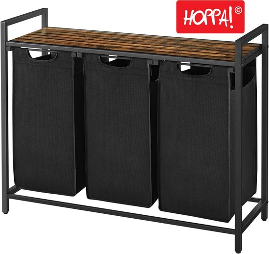 Hoppa! Wasmand - 3 Vakken - Vintage Bruin-Zwart - Inclusief Uitschuifbare Waszakken - 92,5 x 33 x 72 cm (B x D x H)