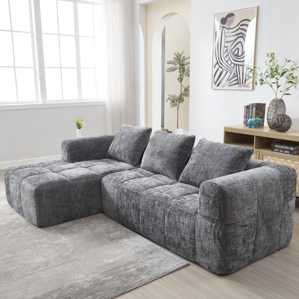 OKWISH Hoekbank – 3-Zits Modulair L-Sofa Met Chaiselongue – Met Zijvakken & 3 Kussens – Za