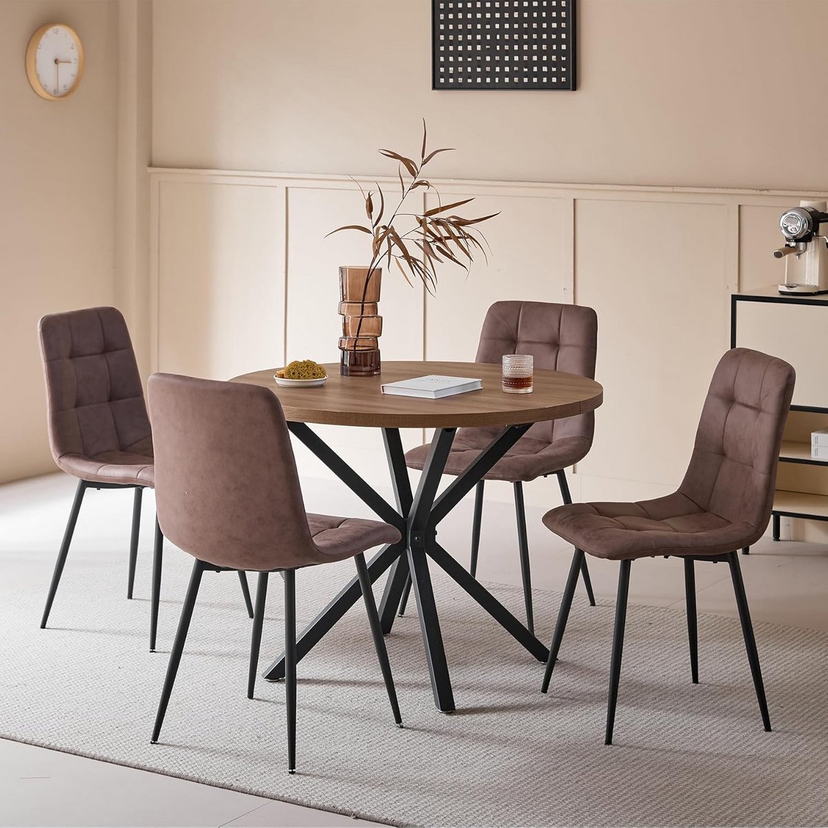Ronde Eetkamerset met 4 Gevoerde Eetkamerstoelen - 100 cm - Perfect voor Keuken en Woonkamer