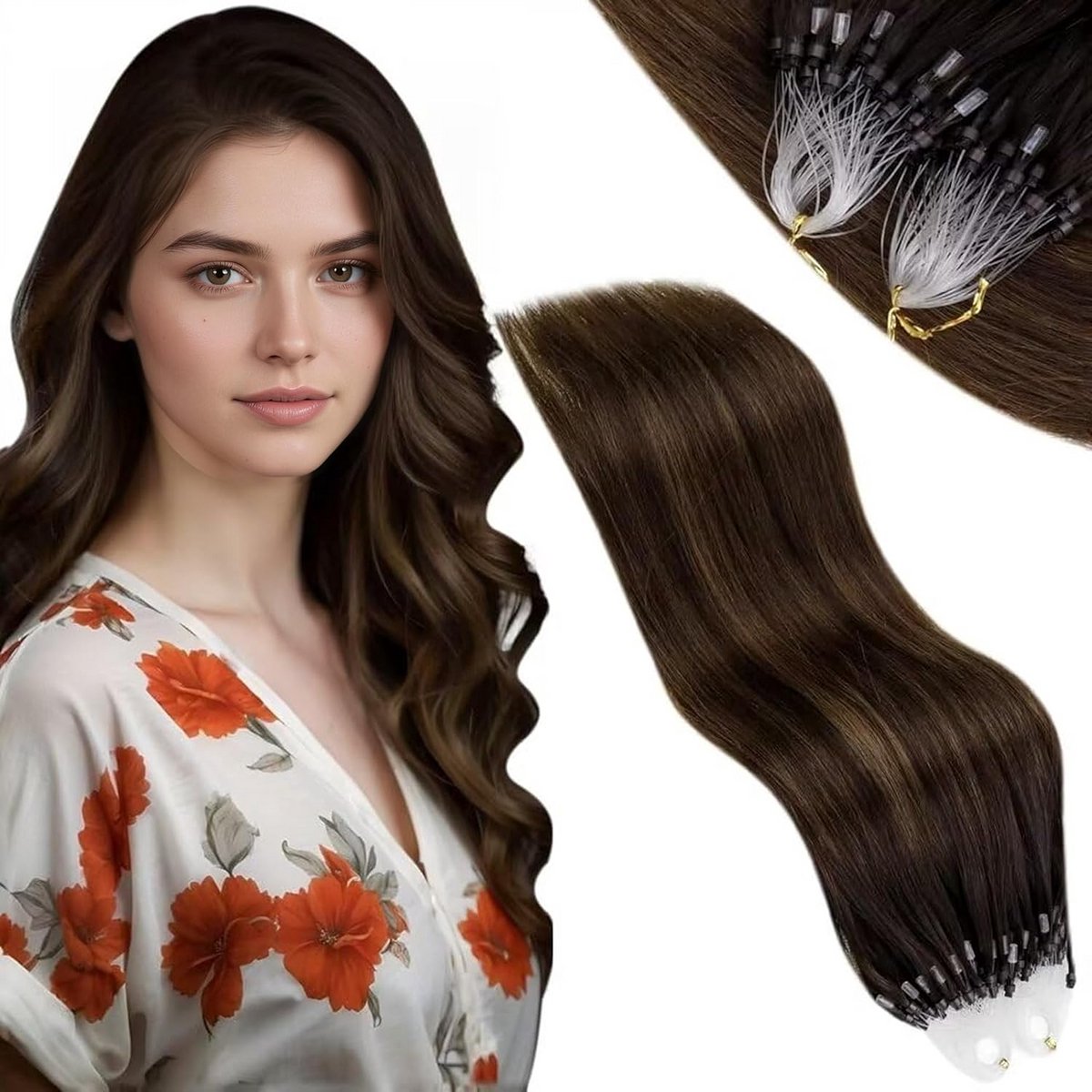 Microring Haar Extensions, Donkerbruin Ombre Balayage, 40 cm, 50 g, Steil
