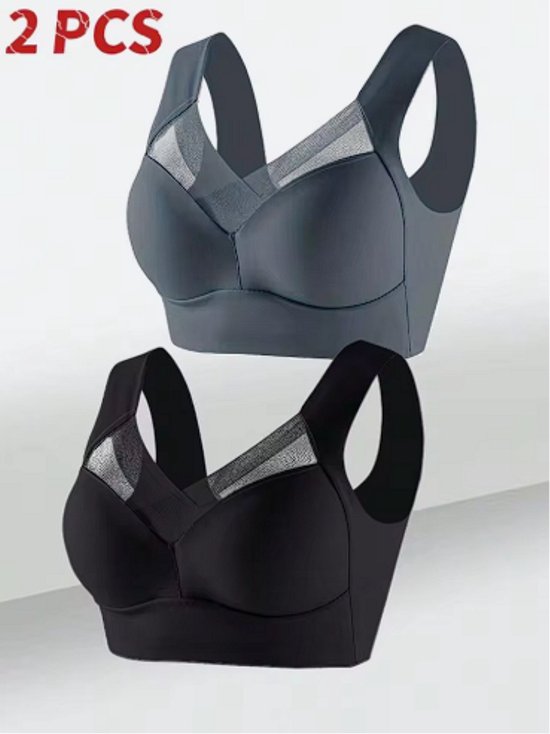 2pc Soutien-gorge Sport - Bralette Soutien-gorge sans coutures Résistant aux chocs - Taille L - gris et noir